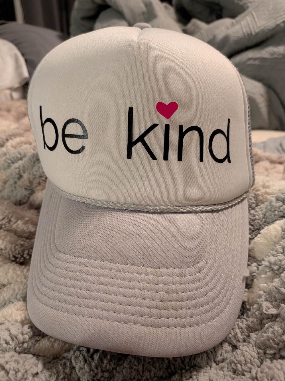 Be Kind Trucker Hat White Pink Heart Decky Rope Snapback